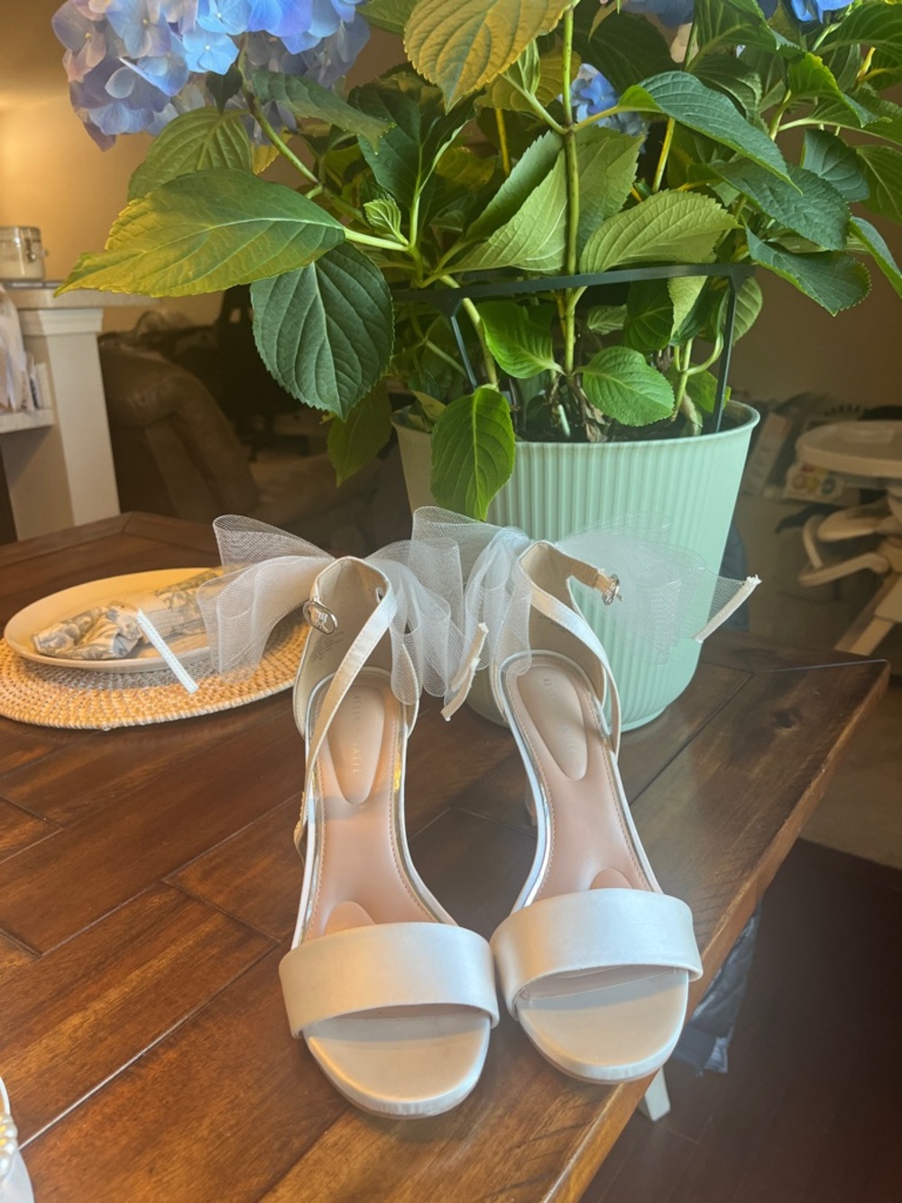 Kelly & Katie White Satin Ankle-Strap Heels with Tulle Bows